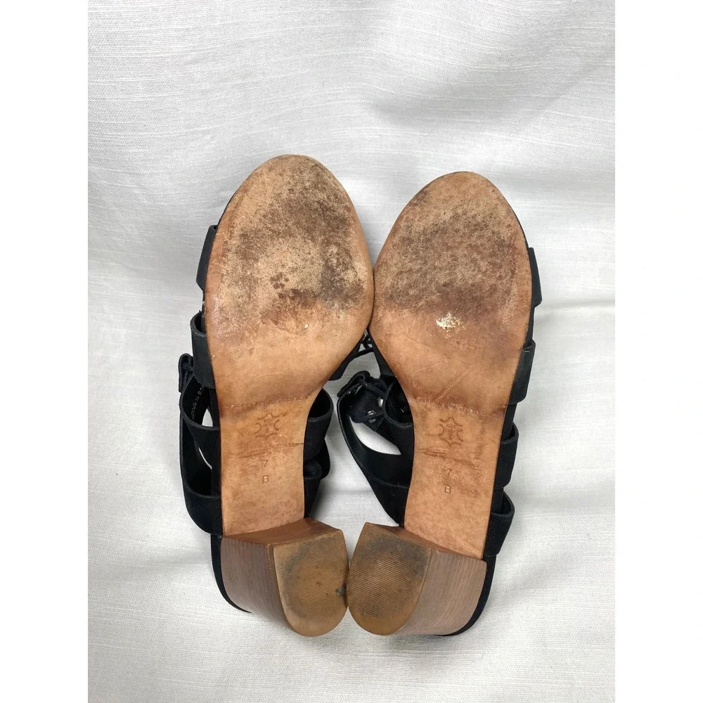 Loeffler‎ Randall Hana Lace-Up Gladiator Heeled Sandals Black Leather Size 7